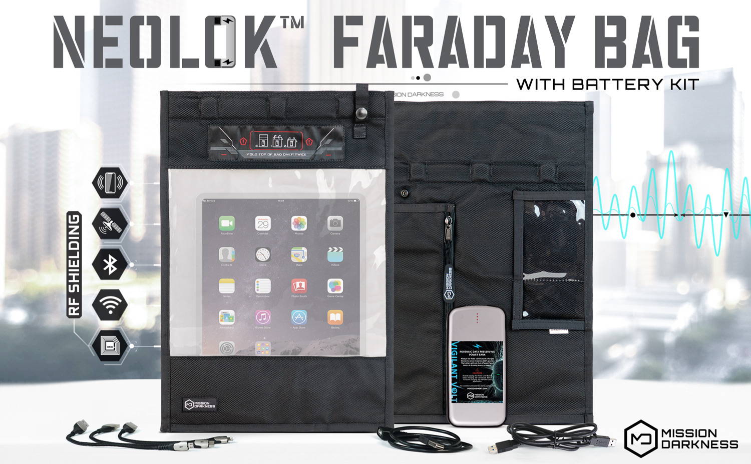 Cryptsec | Mission Darkness™ NeoLok Faraday Bag for Tablets with Battery Kit